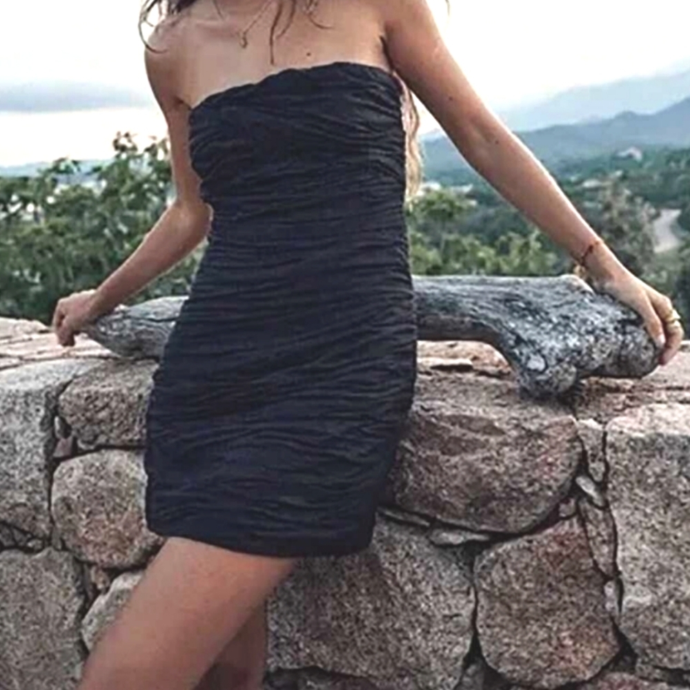 Zara Black Strapless Ruched Linen Bodycon Mini Dress